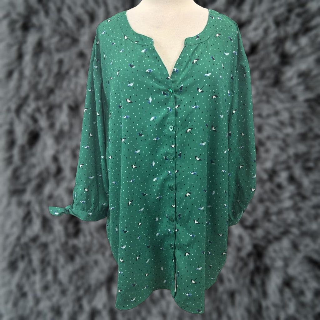 Vintage Catherines Top Blouse Womens 3X Plus Green Umbrellas Print Chiffon Tie Sleeve Button Up Size XXL / US 16-18 / IT 52-54 - 1 Thumbnail