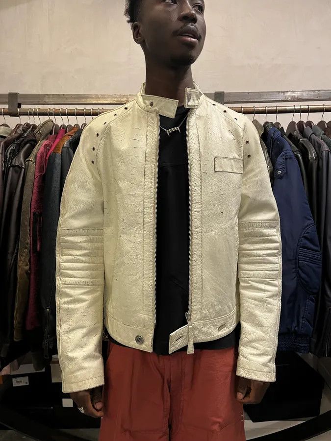 2000s Iceberg White Painted Leather Biker Jacket