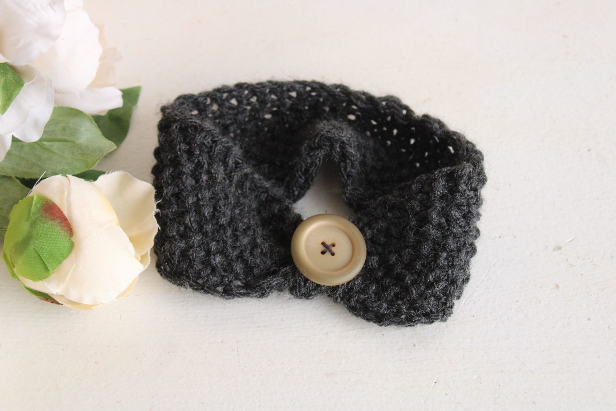 Handmade Hand Knit Headband, Earwarmer in Gray, with a Vintage Button Size ONE SIZE - 10 Thumbnail