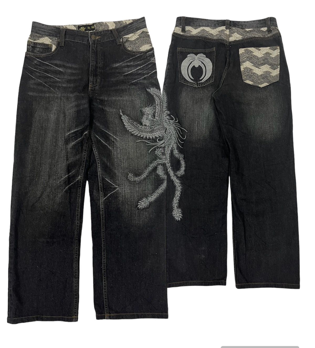 image of Vintage Karakuri Tamashi Inspired Bird Of Paradise Embroidery Jeans in Black, Men's (Size 32)