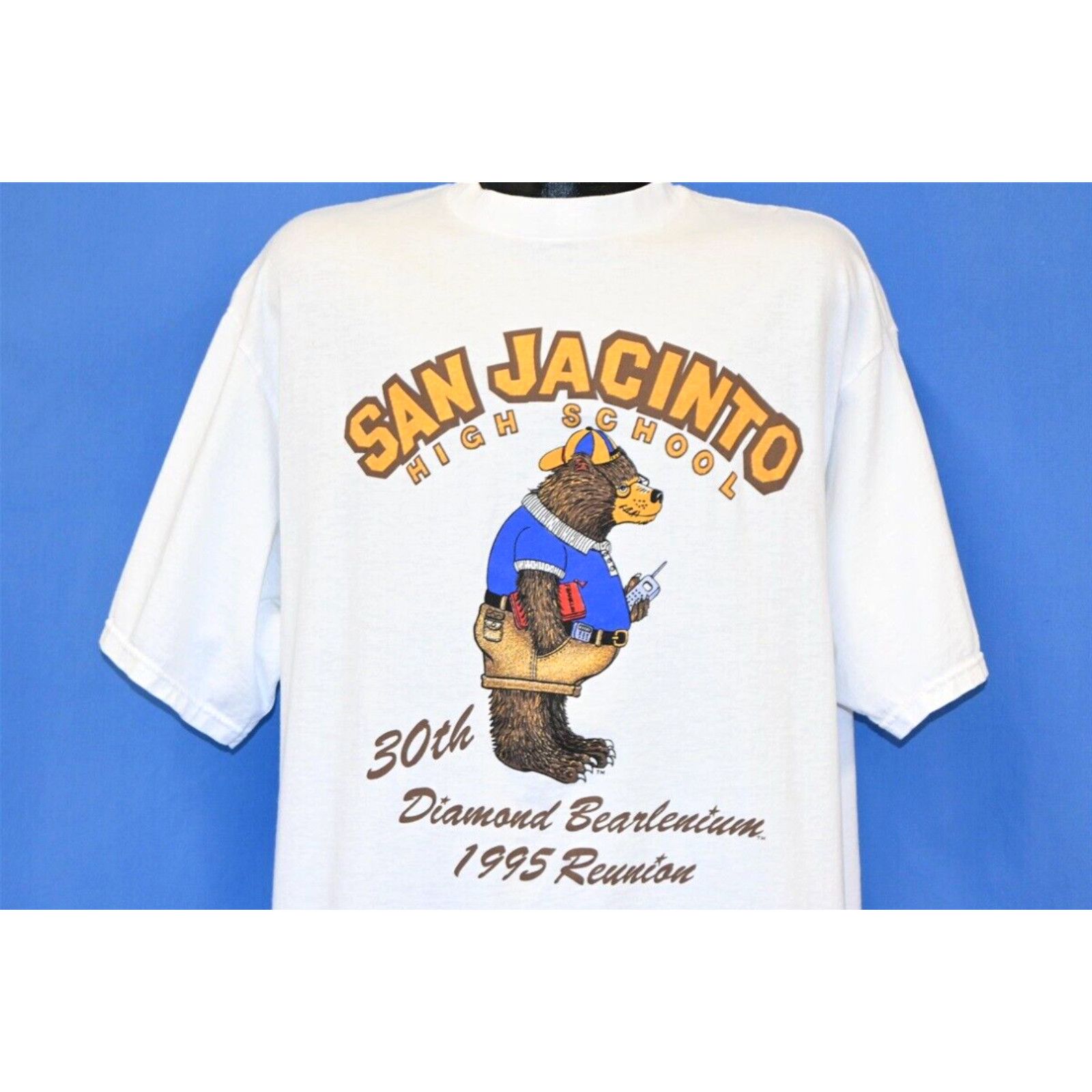 Image of Vintage VTG 90's San Jacinto Hs 30Th Diamond Bearlenium 1995 Reunion Glitter T-Shirt 2Xl in White