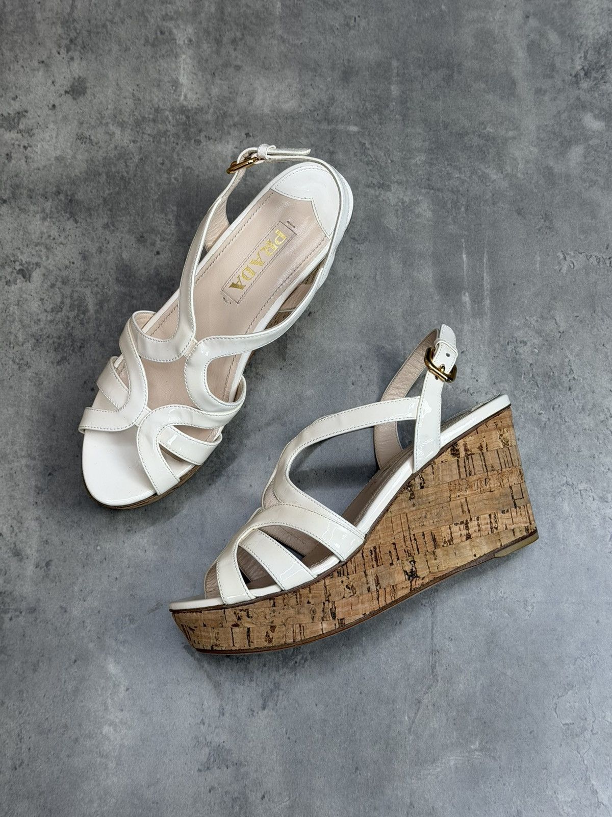 Prada Prada White Patent Cork Wedge Sandals EU 37 1/2 Size US 7.5 / IT 37.5 - 1 Thumbnail