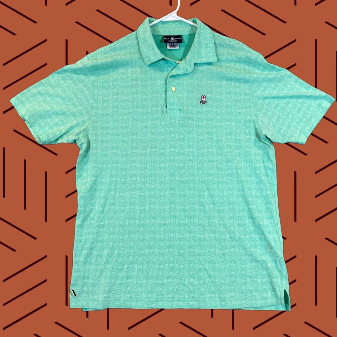 Psycho Bunny PSYCHO BUNNY Polo Shirt Mens XL Green AOP Logo Casual Golf Shirt S/S - 100% Cotton - Regular Fit / Classic Designer Shirt Size US XL / EU 56 / 4 - 1 Thumbnail