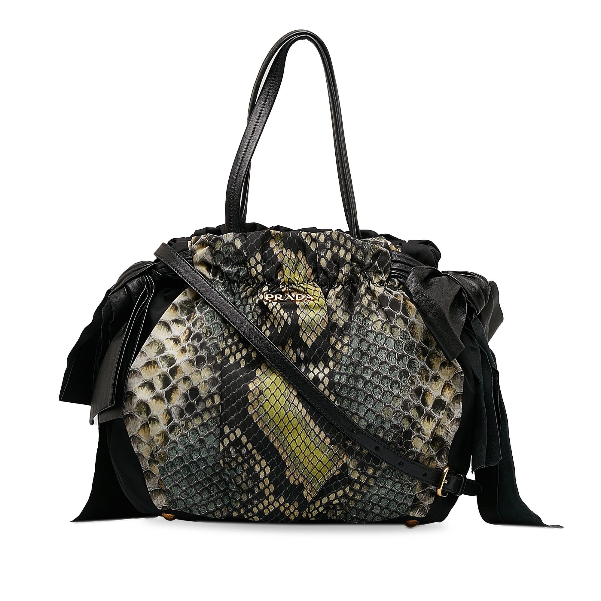 image of Prada Tessuto Python Print Bow Satchel in Black, Women's