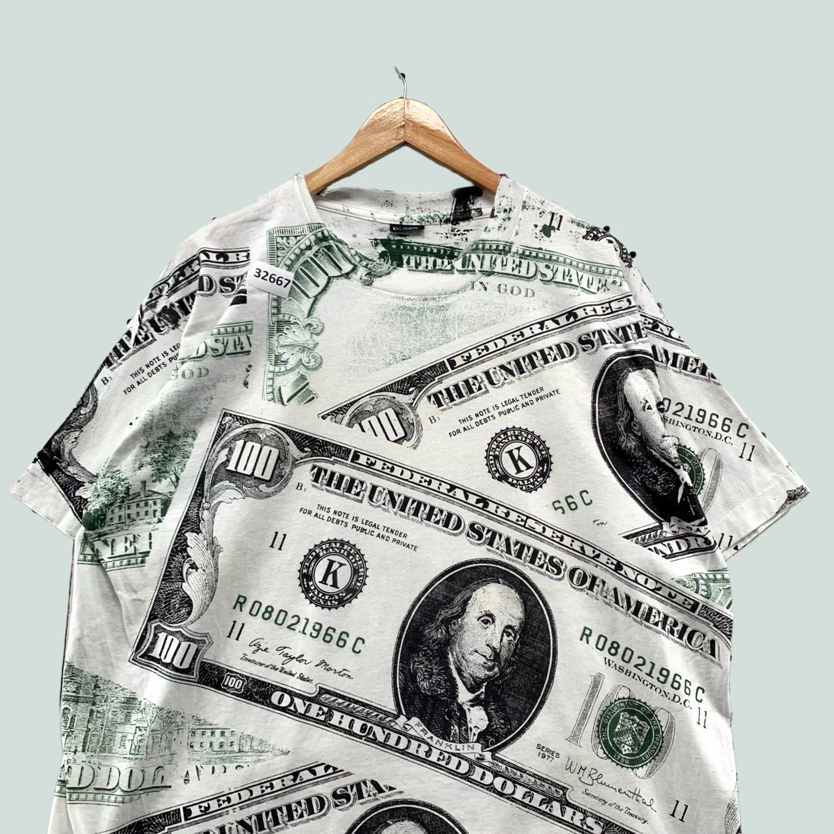 Vintage VINTAGE USA CASH Money Shirt 2XL White All Over Print AOP Hip Hop 90s Mens 24x29 Size US XXL / EU 58 / 5 - 1 Thumbnail