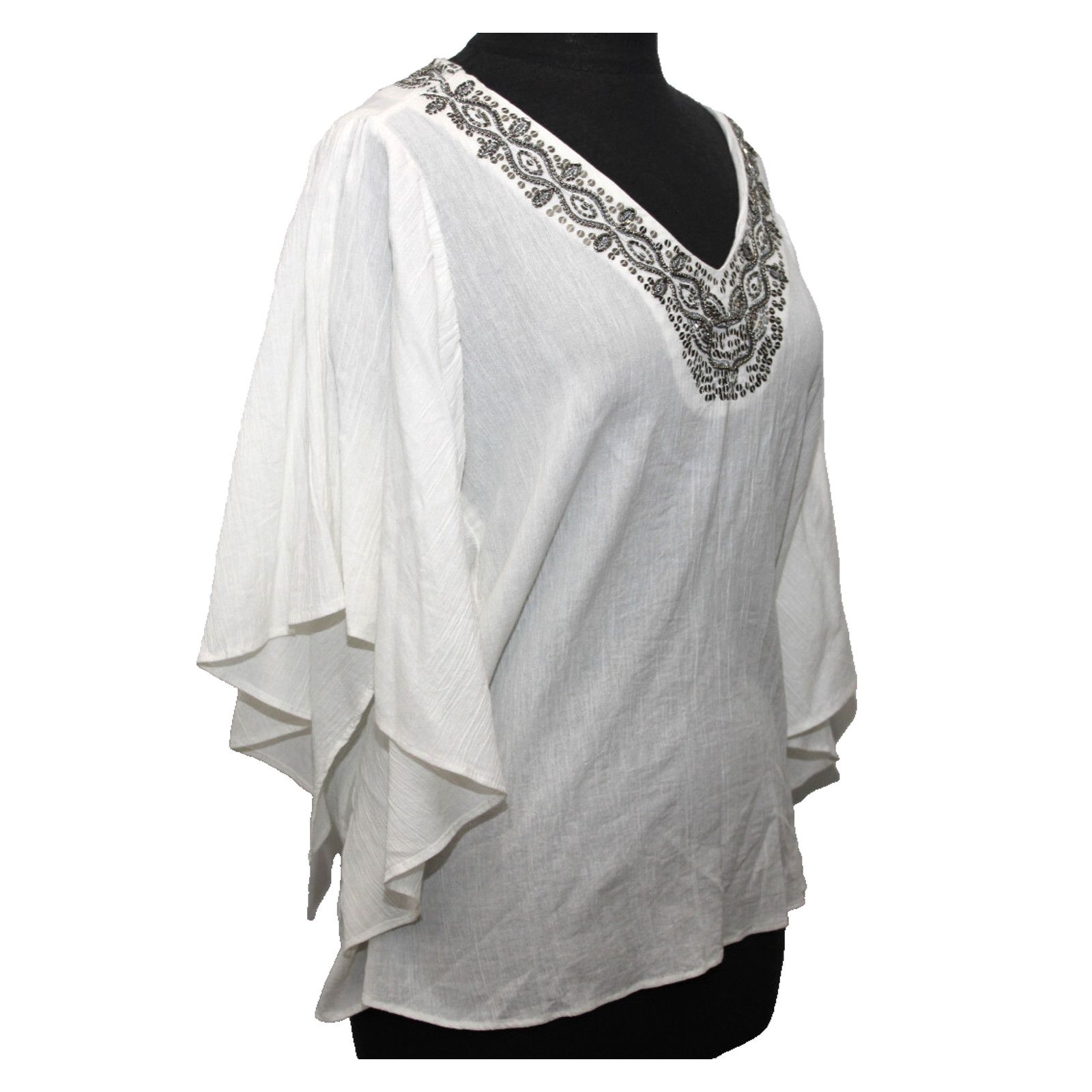 Chicos CHICOS Flutter Sleeve Alabaster Gauze Beaded V-Neck Top Sz 2 Size L / US 10 / IT 46 - 3 Thumbnail