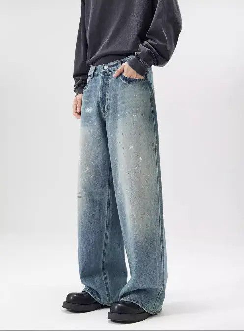 Japanese Brand Riho Ink splash trend loose straight ice blue jeans for men Size US 32 / EU 48 - 3 Thumbnail