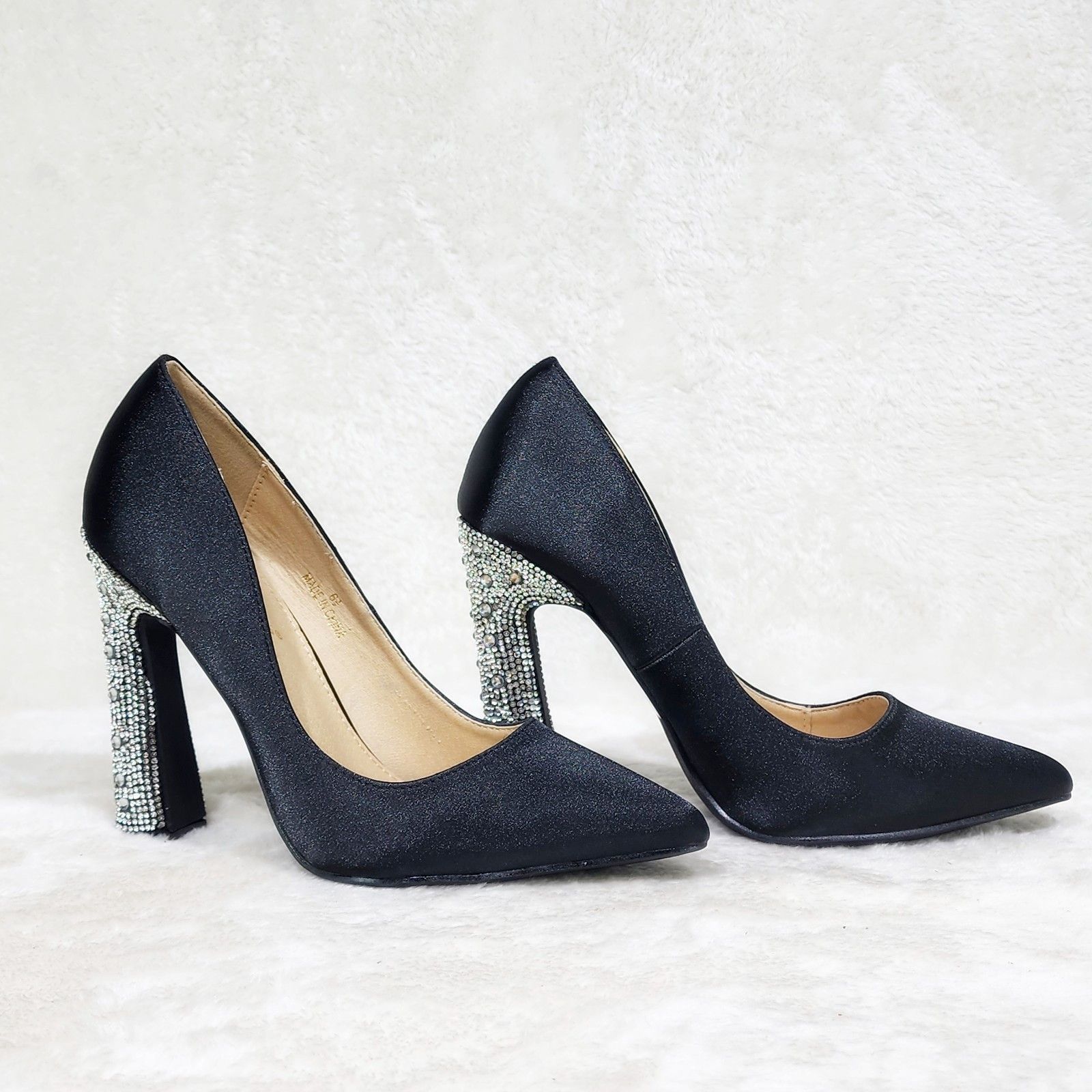Other Klume Black Satin Pumps Chunky Rhinestone High Heel Evening Size US 8.5 / IT 38.5 - 4 Thumbnail