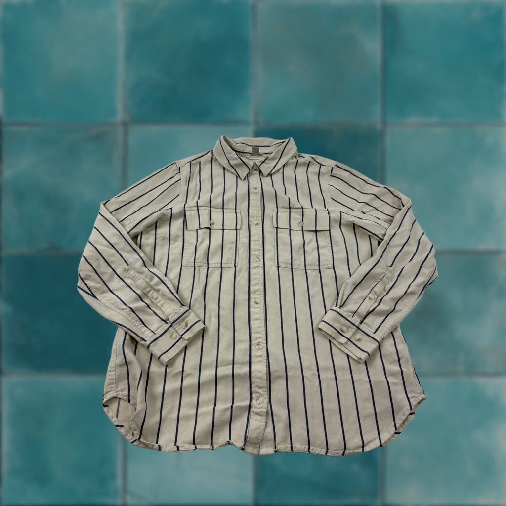 Vintage L.L. Bean Shirt Large White Stripe Long Sleeve Button Front Tencel Twill Womens Size L / US 10 / IT 46 - 1 Thumbnail