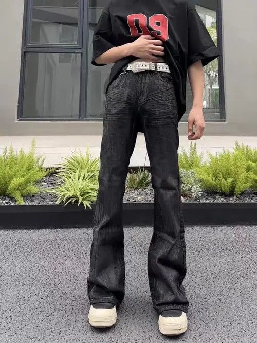 image of High Street Washed Black Micro Flared Coated Jeans, Men's (Size 32)