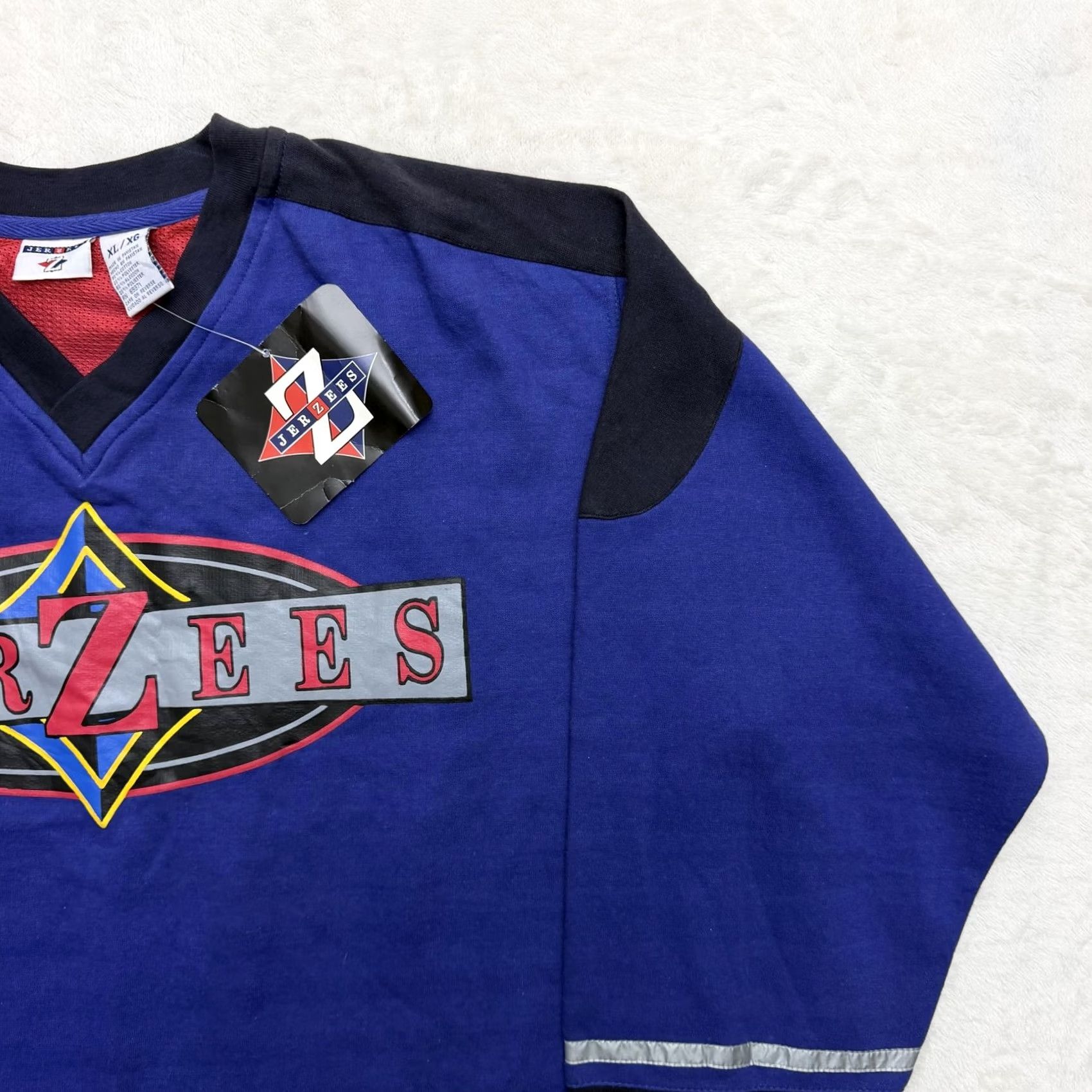 Jerzees VINTAGE Jerzees Shirt Mens XL Blue Long Sleeve V-Neck Hockey Jersey Graphic Logo Size US XL / EU 56 / 4 - 3 Thumbnail