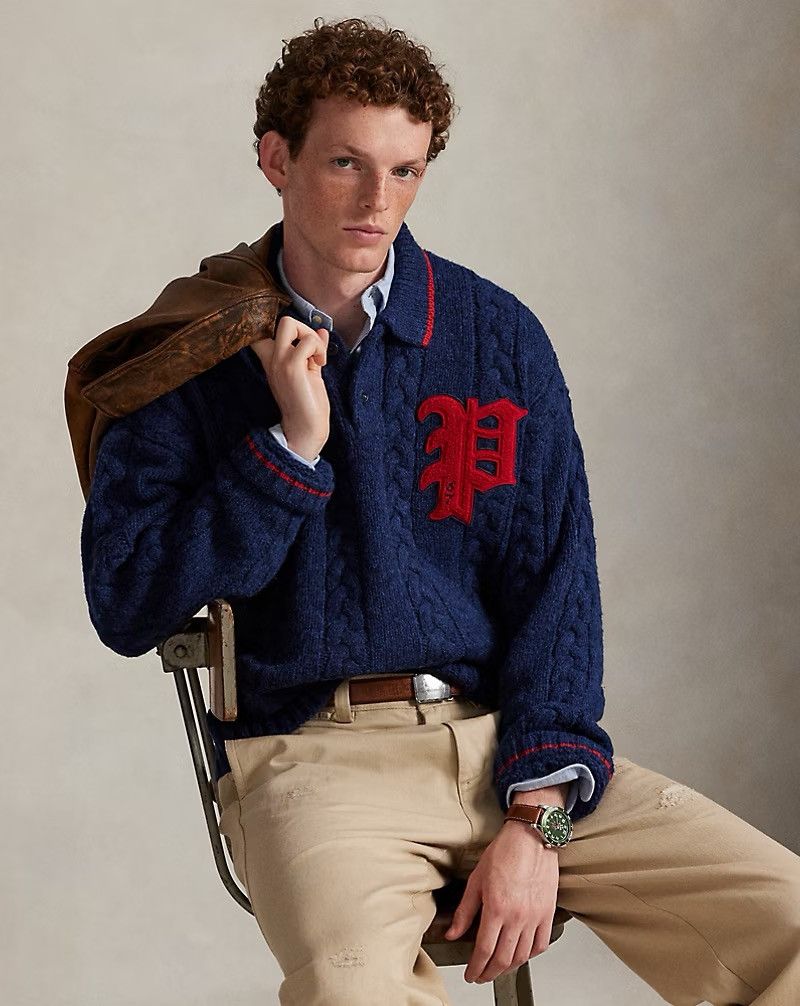 Polo Ralph Lauren Polo Ralph Lauren Cable-Knit Polo-Collar Letter Sweater Navy Size US XL / EU 56 / 4 - 6 Thumbnail