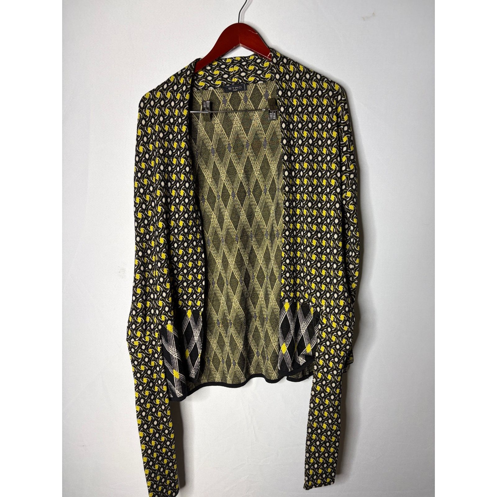 Etro Etro black yellow wool blend open cardigan tie waist sz L Size L / US 10 / IT 46 - 6 Thumbnail