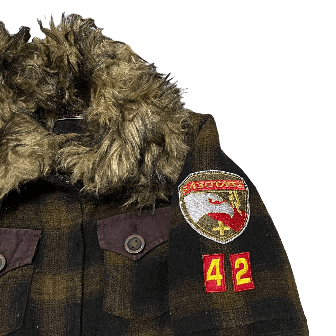 SBTG Vintage Sabotage Wool Plaid Fur Jacket 4 Pockets Size S / US 4 / IT 40 - 5 Thumbnail