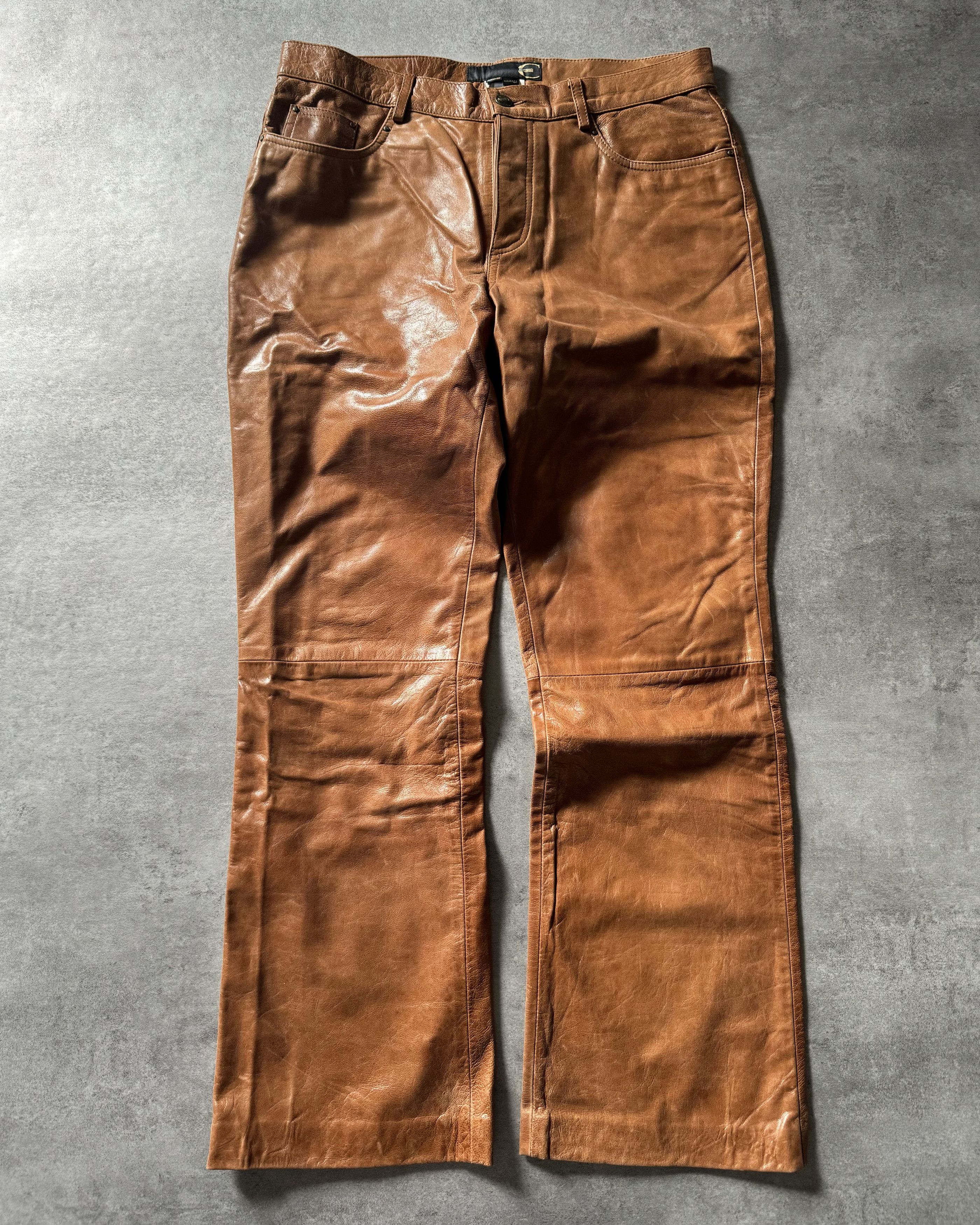 image of Archival Clothing x Just Cavalli Aw2005 Cavalli Rock Leather Biker Pants in Brown, Men's (Size 32)