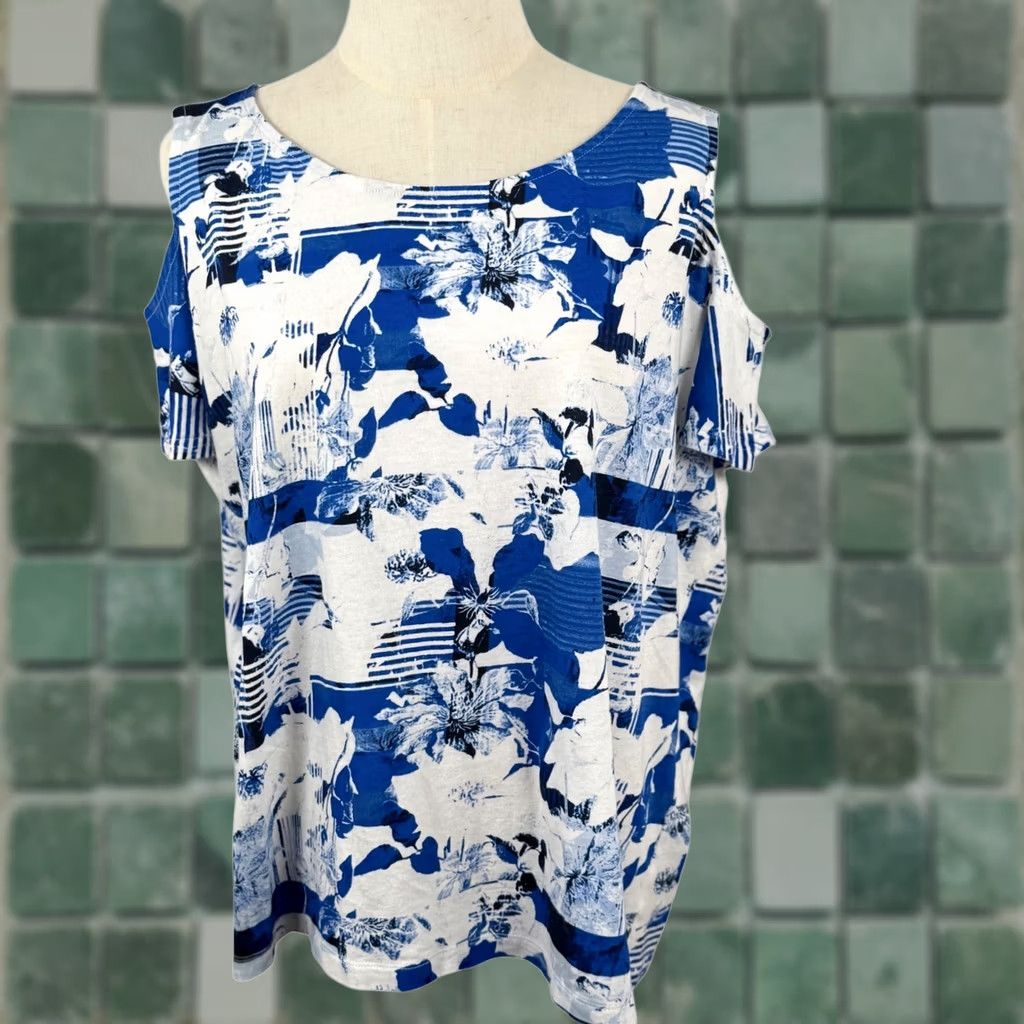 Vintage Chicos Womens One Size Floral Striped Cold Shoulder Knit Cotton Modal Top Blue White Summer Beach Casual Womens Size ONE SIZE - 1 Thumbnail