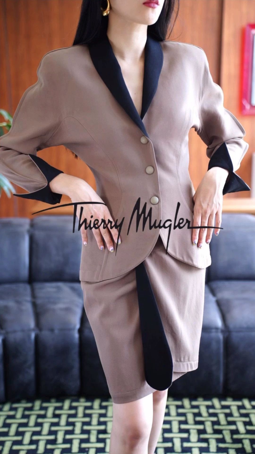 Other ThierryMugler Vtg Colorblock Khaki-Black Suit Skirt FR40 Size M / US 6-8 / IT 42-44 - 1 Thumbnail