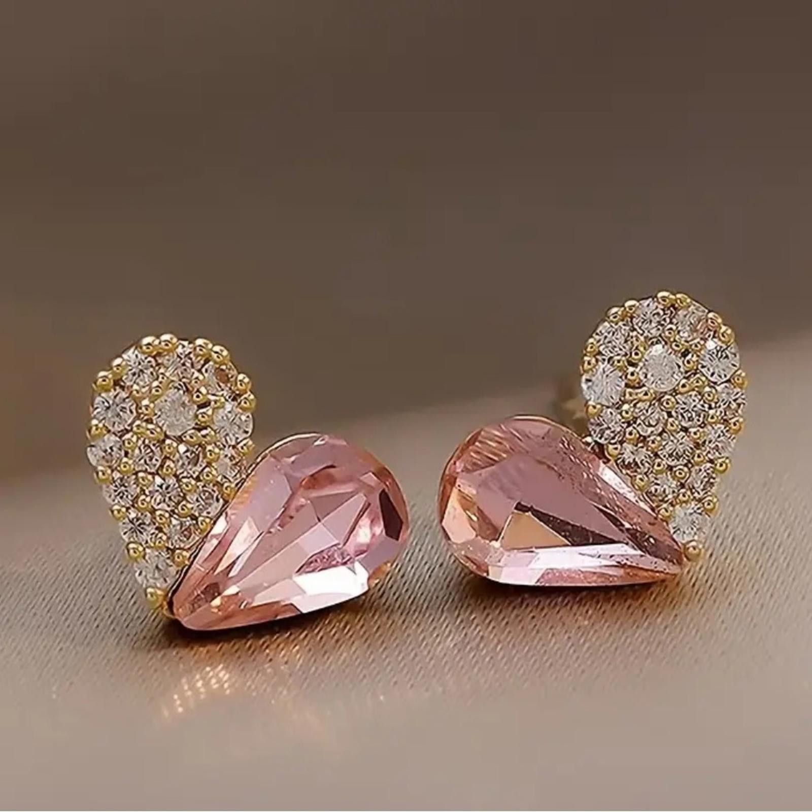 Designer Pretty Pink and Gold Cz Diamond Heart Stud Earrings Size ONE SIZE - 1 Thumbnail