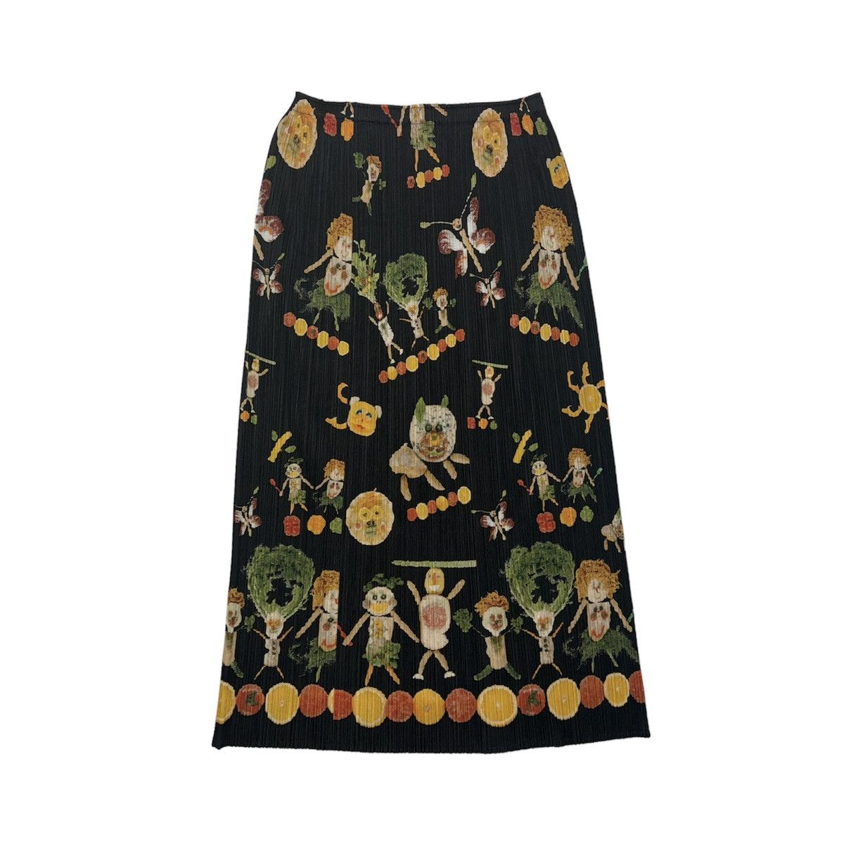 image of Pleats Please Issey Miyake Vegetable Print Pleated Skirt in Black, Women's (Size 26)
