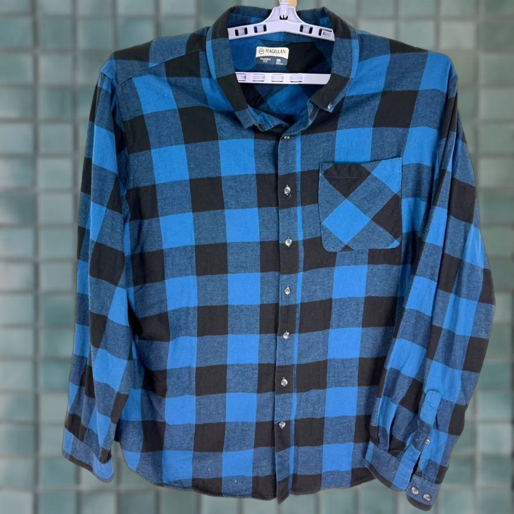 Vintage Magellan Buffalo Plaid Flannel Button-Down Shirt Mens 3XL Blue Button-Up Casual, Travel, Workwear Mens Shirt Size US XXL / EU 58 / 5 - 1 Thumbnail