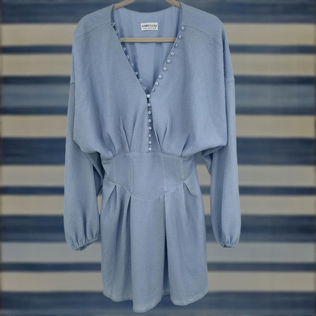 Vintage Sabo Luxe Dress Womens L Blue Long Sleeve Textured Mini V Neck Button Detail Size L / US 10 / IT 46 - 1 Thumbnail