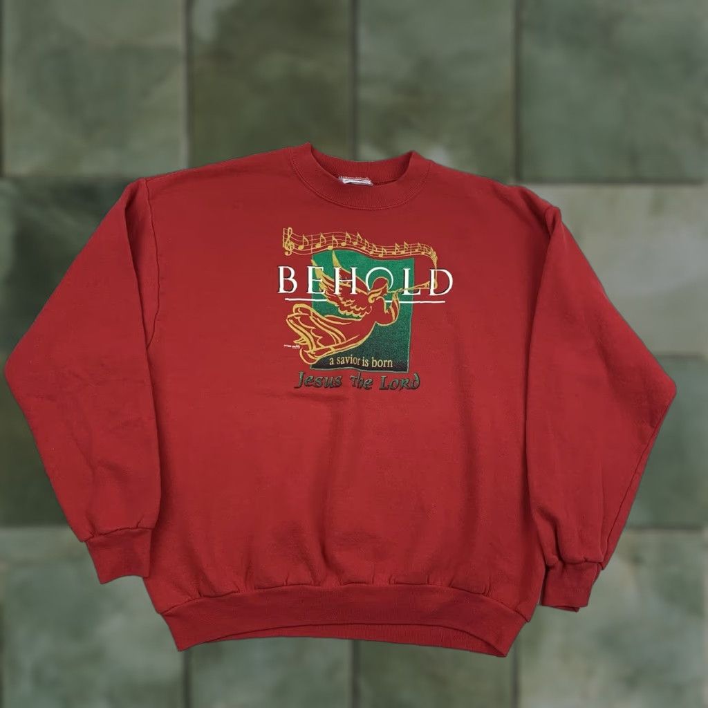 Lee VINTAGE Lee Sweatshirt Shirt Adult XL Red Jesus Christ Lord Savior 90s Christmas Men Pullover Crew Neck Mens Size US XL / EU 56 / 4 - 1 Thumbnail