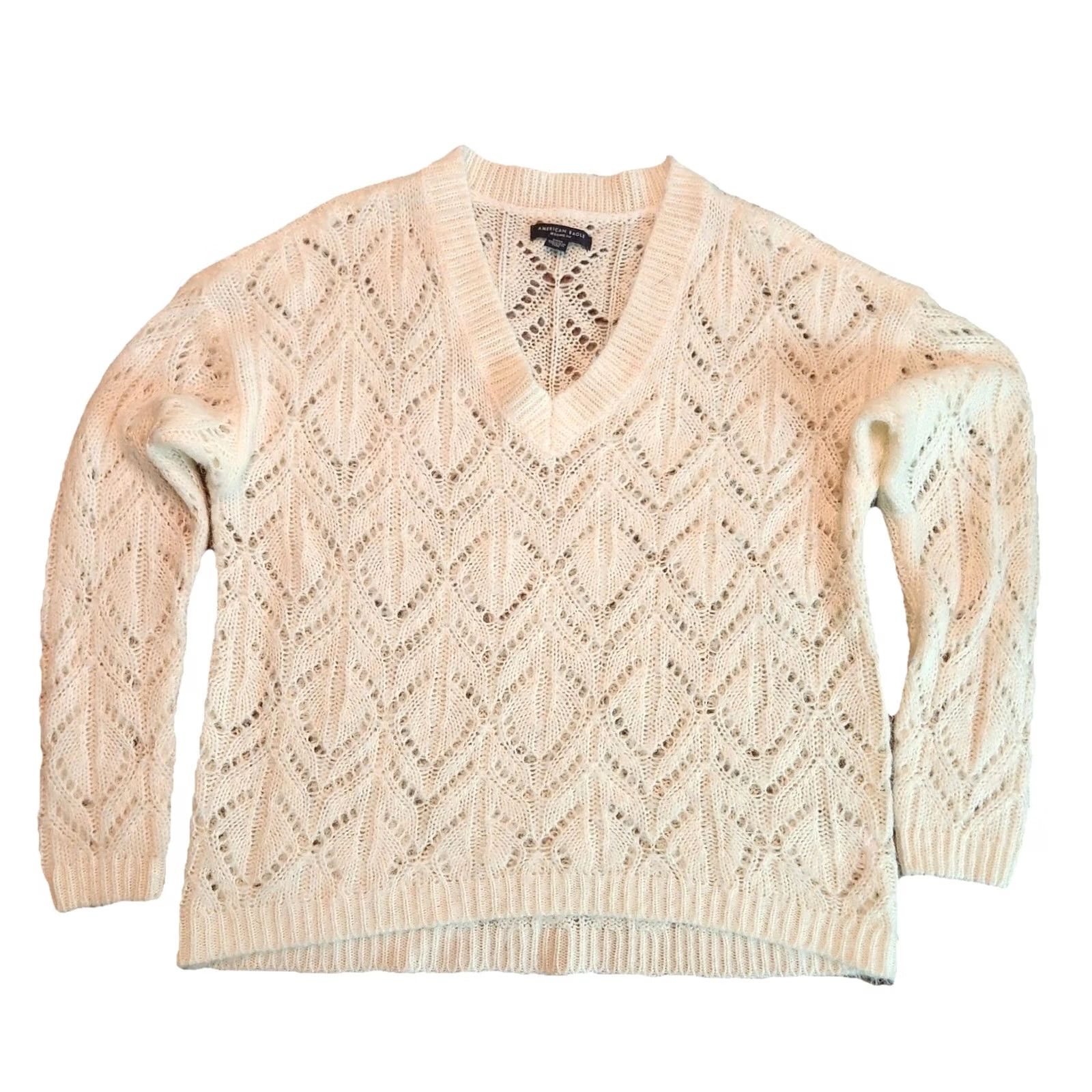 American Eagle Outfitters American Eagle Outfitters Sweater Shirt Women’s Small V-Neck Open Knit Ivory Cream Long Sleeve Pullover Boho All Seasons Regular Size S / US 4 / IT 40 - 3 Thumbnail