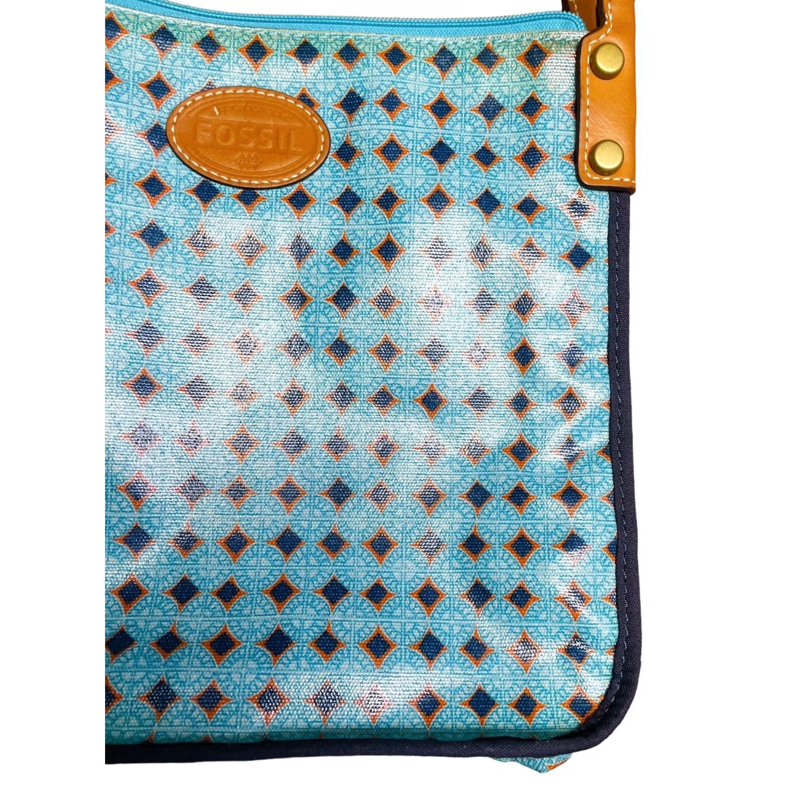 Fossil Fossil Kinley Crossbody Blue Crossbody Purse Women’s Vinyl Geometric Shape Tote Bag 90s Pattern Casual Travel Adjustable Strap Brown Hardware Size ONE SIZE - 4 Thumbnail