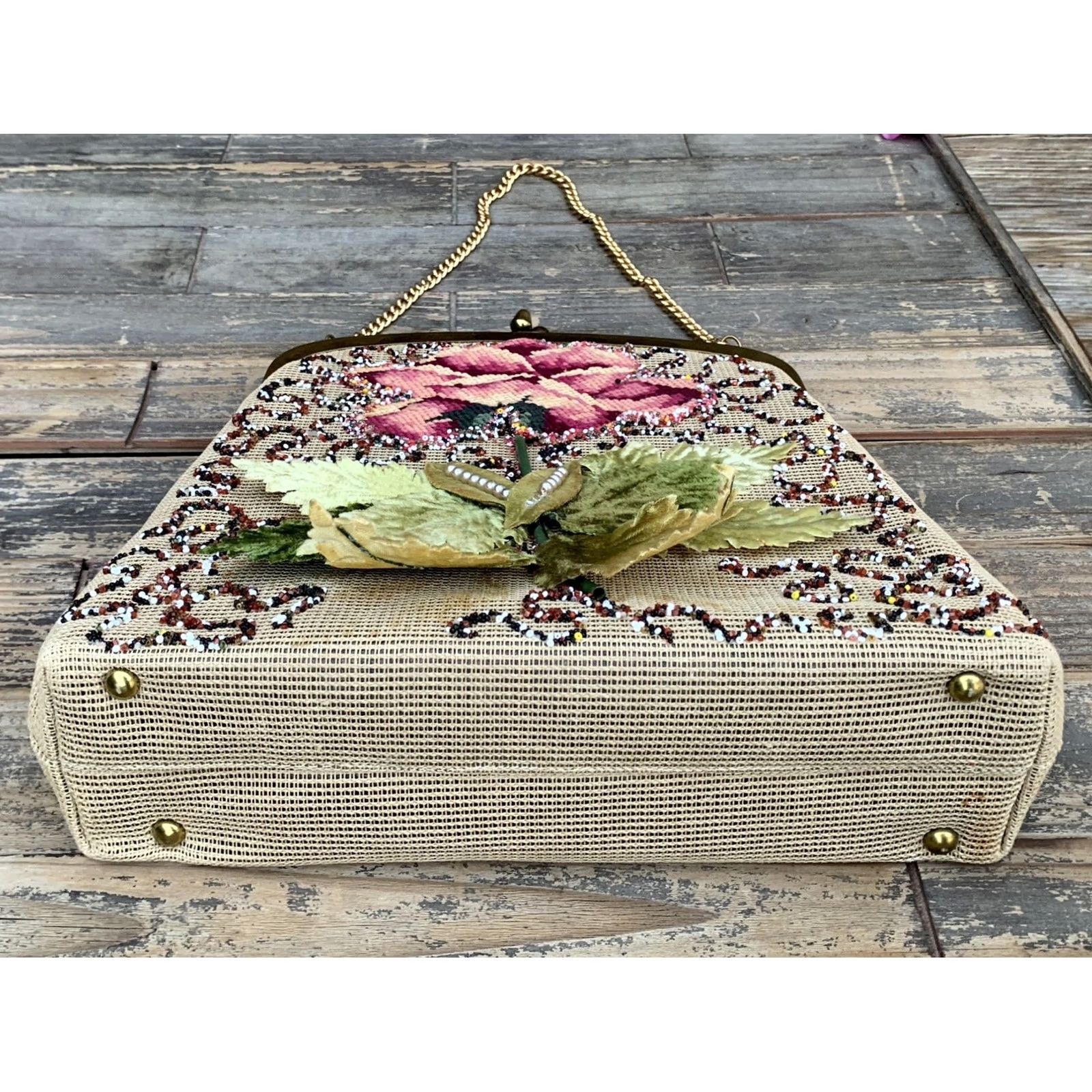 Vintage VINTAGE Jolles Purse Hand Bag Beige Floral 1950s Original Purse Designer Look Size ONE SIZE - 3 Thumbnail