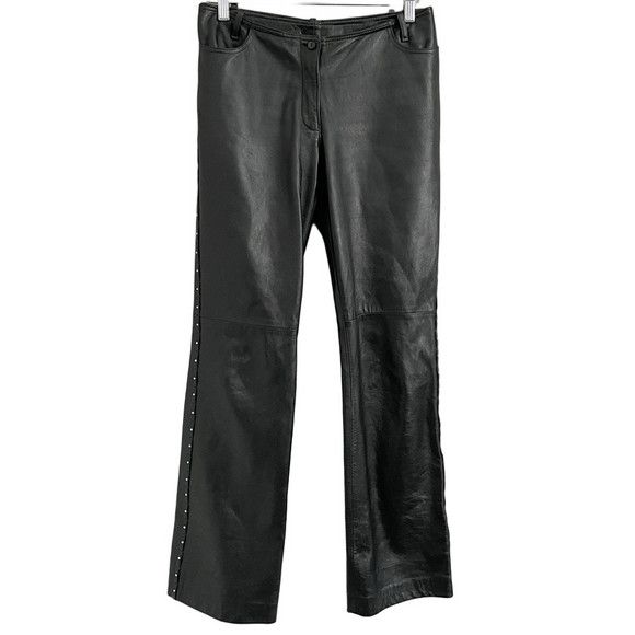 Vintage Vintage Black Leather Straight Leg Pants w/ Rhinestone Trim Size 30" / US 8 / IT 44 - 2 Thumbnail