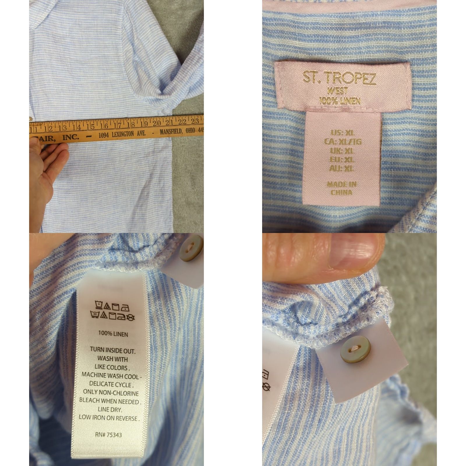Vintage St Tropez Tunic Shirt Women XL Linen Beach Cover Up White Blue Stripe Summer Casual Button-Up Collared Beach Theme Size XL / US 12-14 / IT 48-50 - 9 Thumbnail