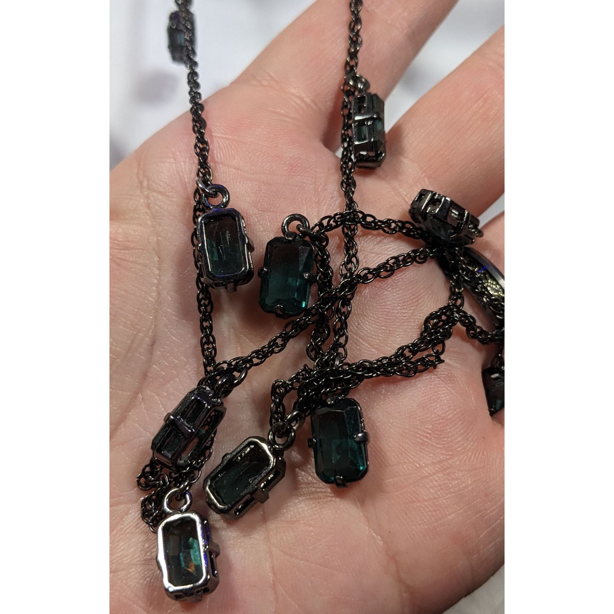 Other Gothic Green Gemmed Gunmetal Tone Charm Necklace Size ONE SIZE - 5 Thumbnail