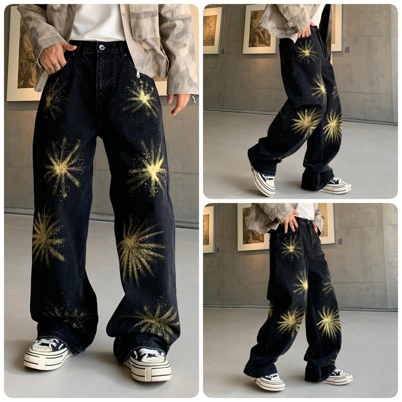 Vintage Black Baggy Wide Leg Jeans with Gold Starburst Print Size US 32 / EU 48 - 5 Thumbnail