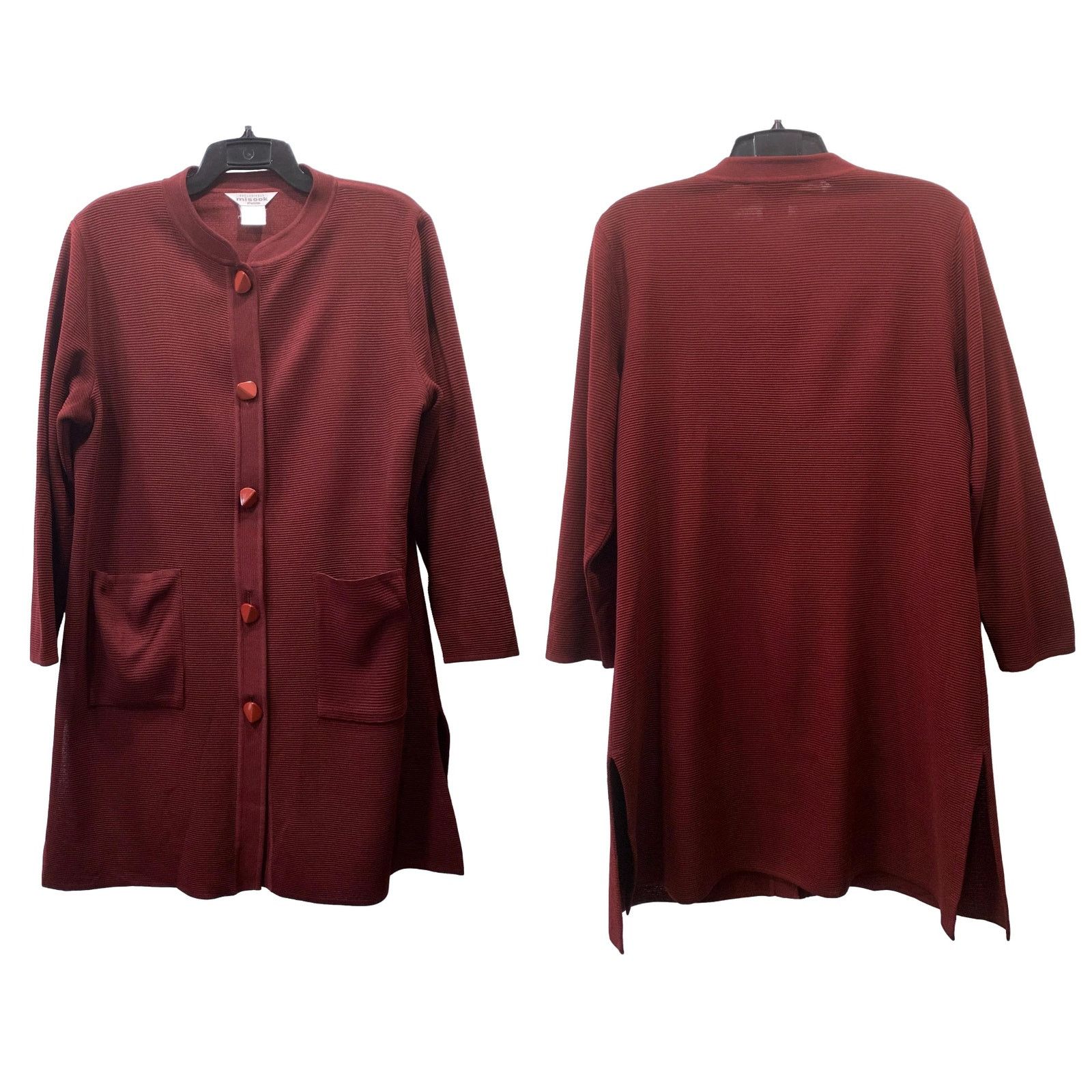 Other Exclusively Misook Burgundy Long Ribbed Cardigan Sweater Size L / US 10 / IT 46 - 6 Thumbnail