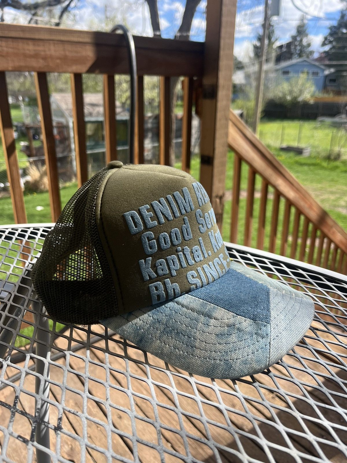 image of Kapital Denim Repair Good Service Hat in Blue Green, Men's