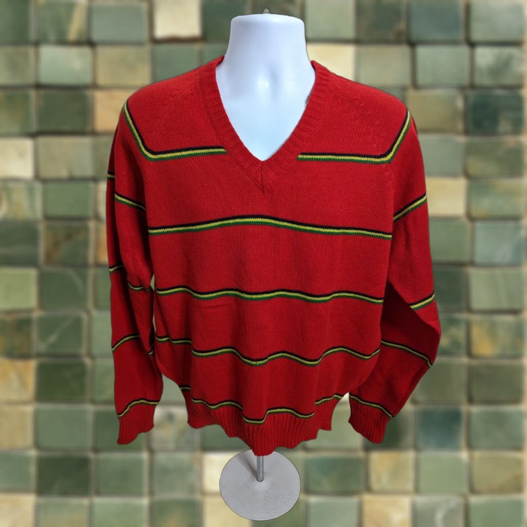 Vintage Red Striped V Neck Pullover Sweater Mens XL 80’s 70’s Raglan Jumper