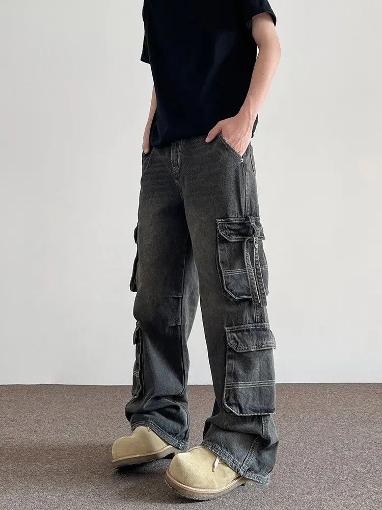Jean Dark Faded Multi Pocket Denim Jeans Straps Size US 32 / EU 48 - 3 Thumbnail
