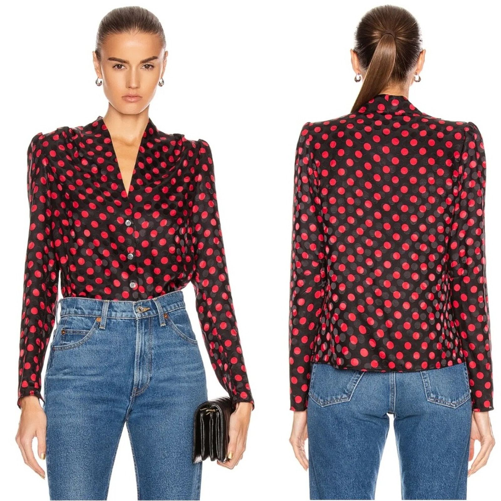 RE/DONE Re/Done 100% Silk Red & Black Polka Dot Button Front Top XS Size XS / US 0-2 / IT 36-38 - 1 Thumbnail