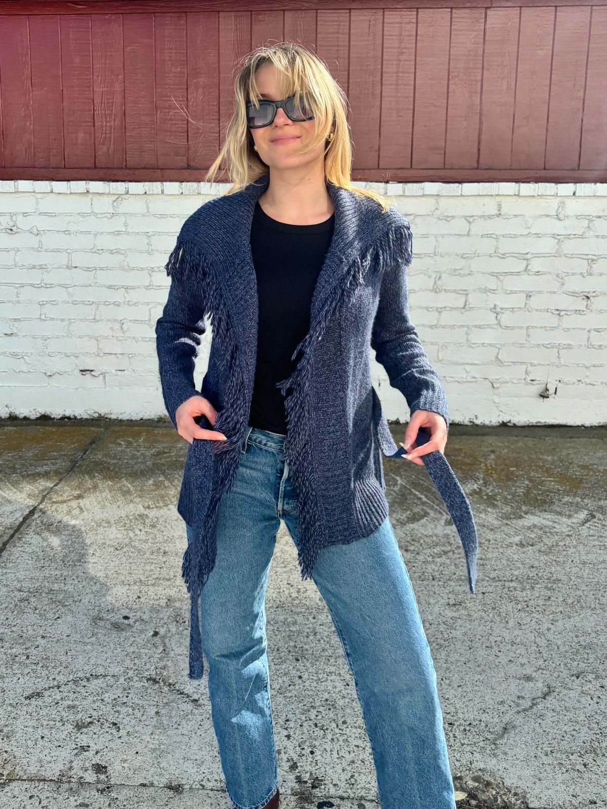 Other Navy Belted Cardigan with Fringe Trim Size M / US 6-8 / IT 42-44 - 4 Thumbnail