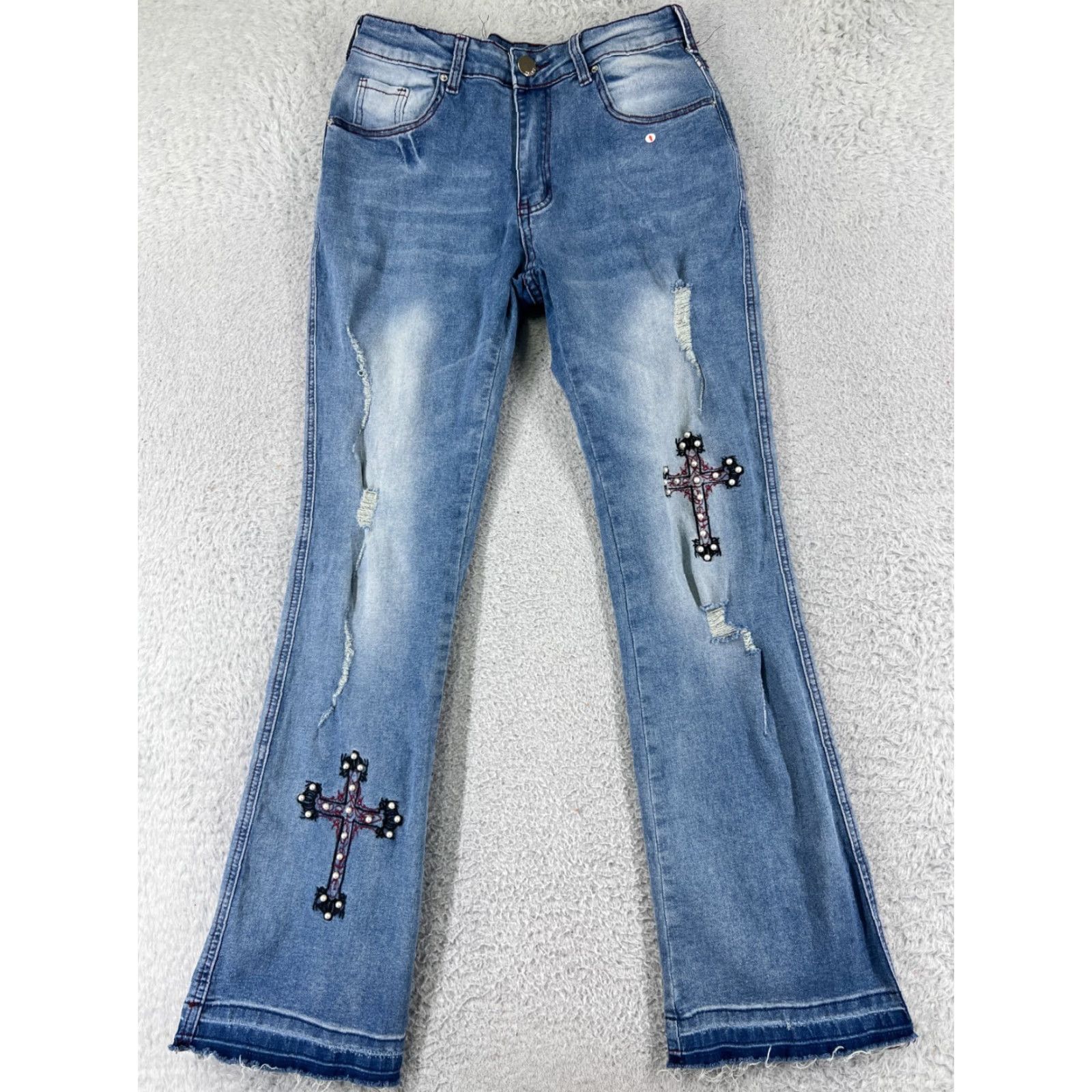 Denime Jeans Women 24 Blue Denim Flared Distressed Embellished Crosses 5-Pocket Regular Inseam 24 Denim Jeans Hippie Size 42" / US 20 - 2 Thumbnail