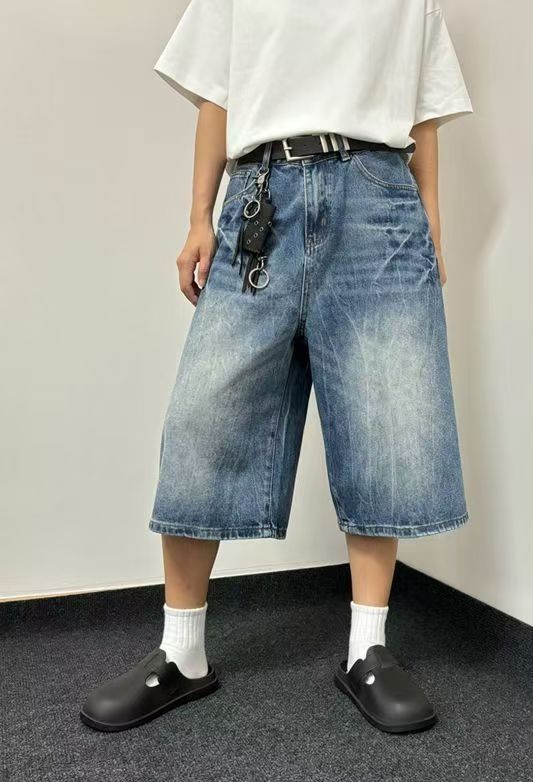 Japanese Brand × Jean Blue loose street washed vintage lightning denim shorts Size US 32 / EU 48 - 2 Thumbnail