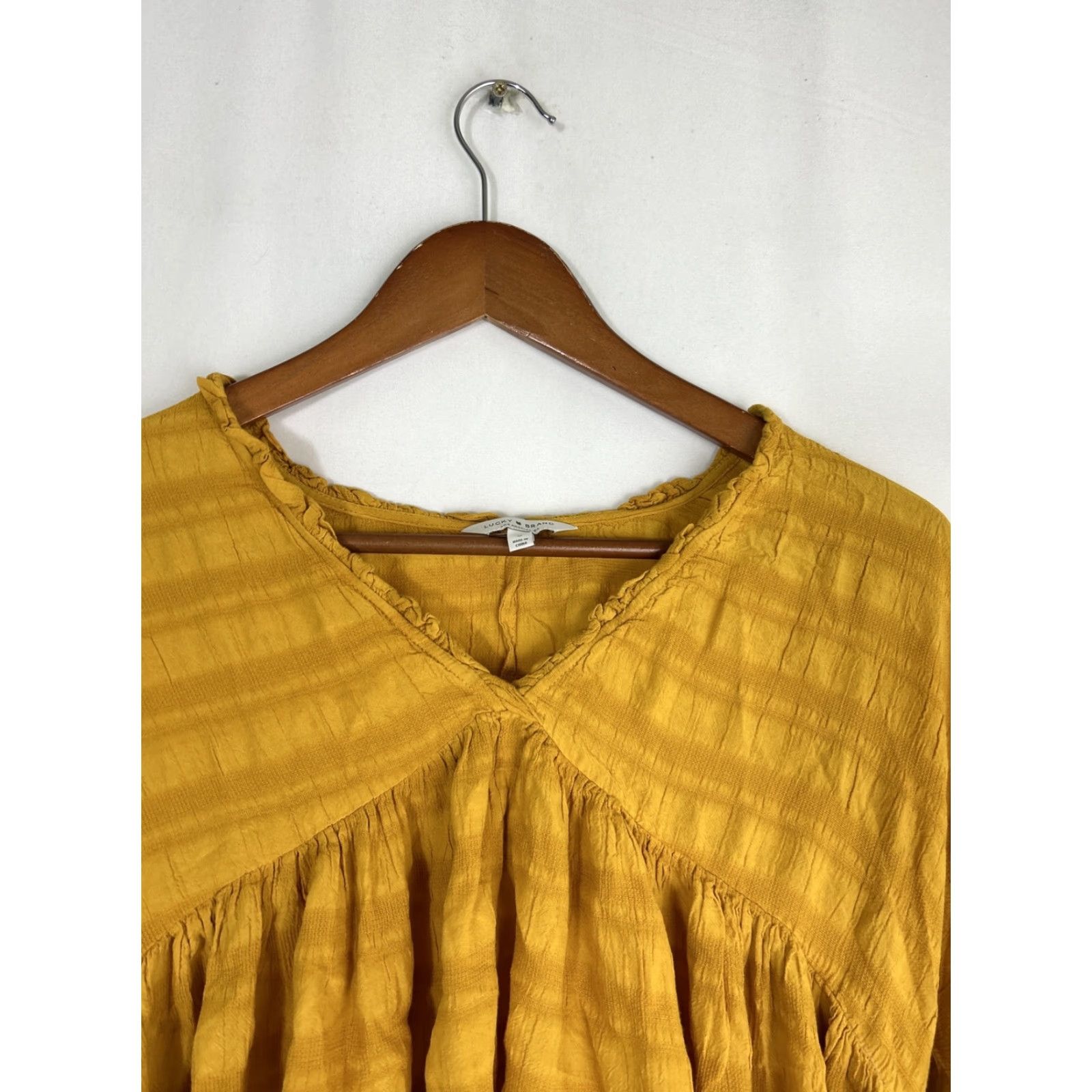 Lucky Brand LUCKY BRAND Blouse Shirt Women Adult Small Mustard V-neck Long Sleeve Romantic Ruffle Peasant Bohemian Oversized Breathable Viscose Pattern: Solid Size S / US 4 / IT 40 - 3 Thumbnail