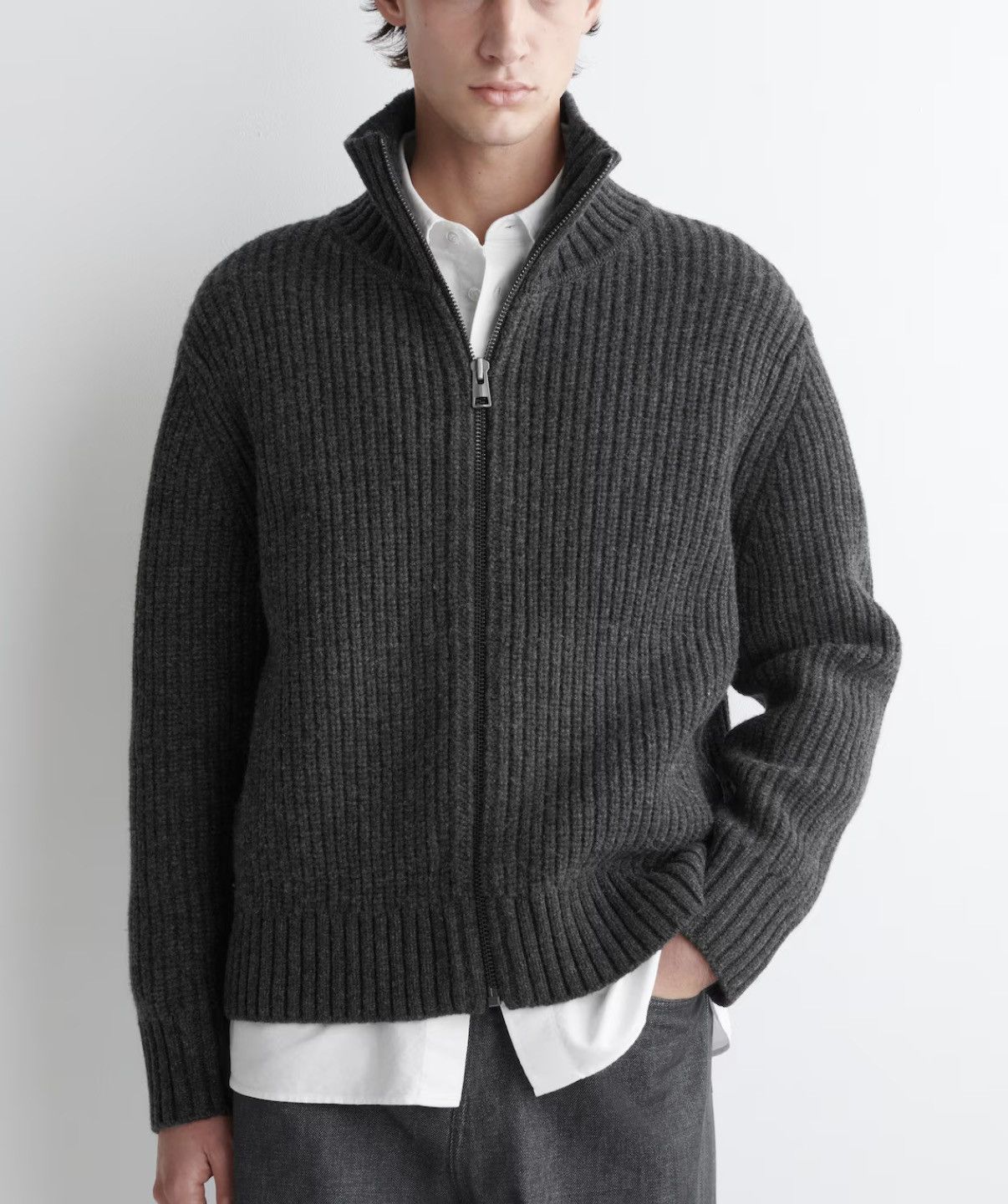 Cos COS Funnel Neck Knitted Wool Jacket Size XS Charcoal Size US XS / EU 42 / 0 - 1 Thumbnail