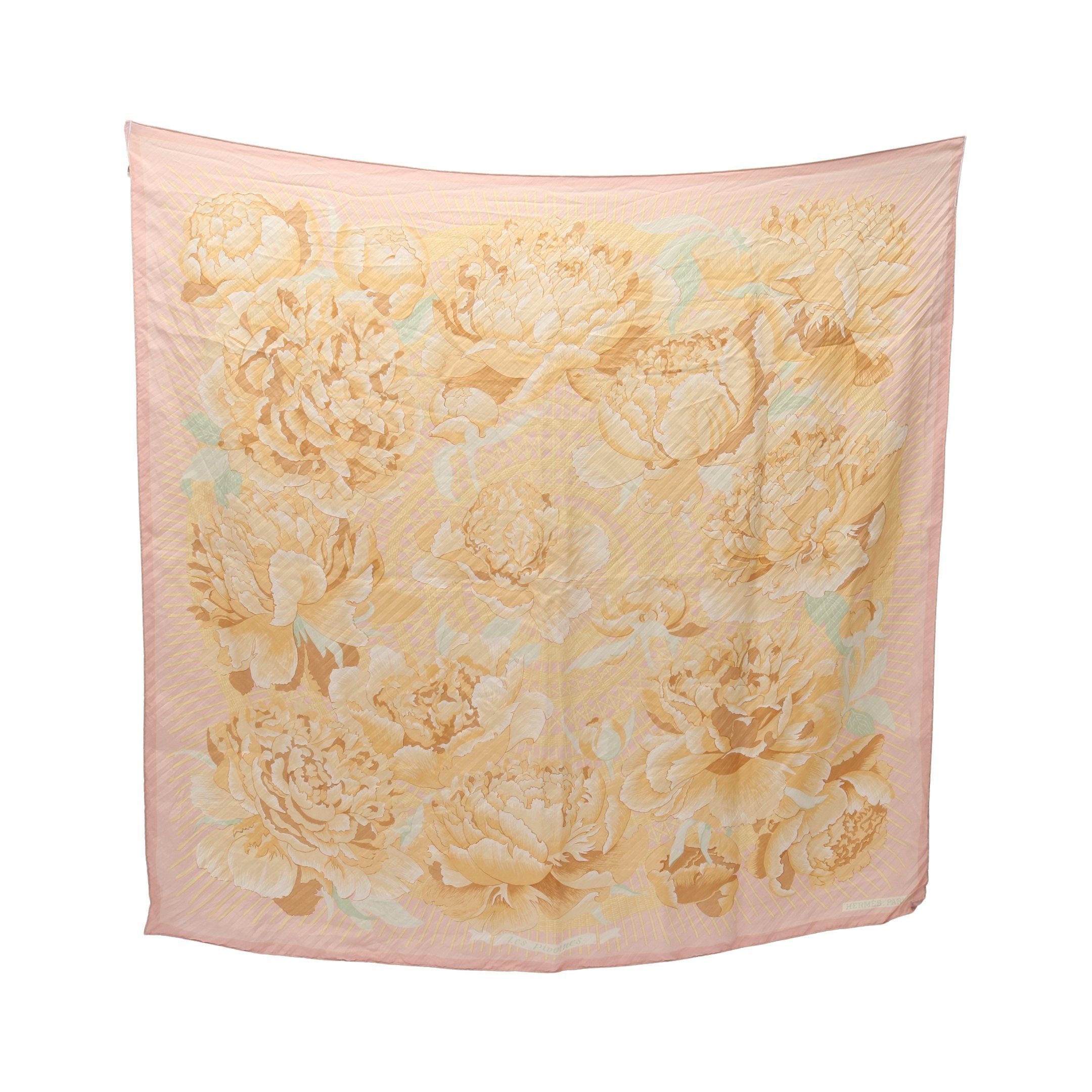Hermes Hermes Carres 90 Pleats Les Pivoines Scarf Silk Pink Beige Size ONE SIZE - 1 Thumbnail