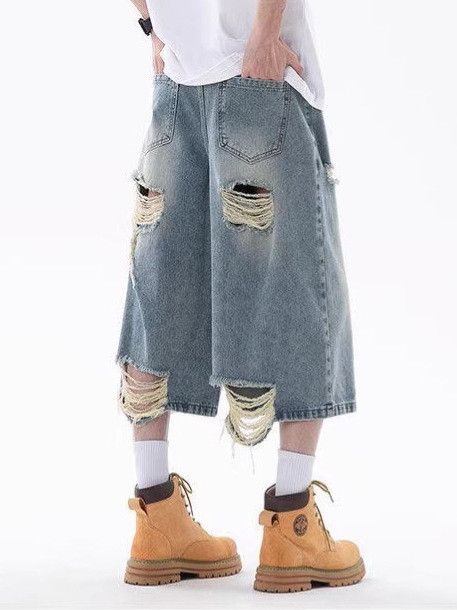 Vintage Men's Retro Blue High-Waisted Distressed Denim Shorts Size US 32 / EU 48 - 4 Thumbnail
