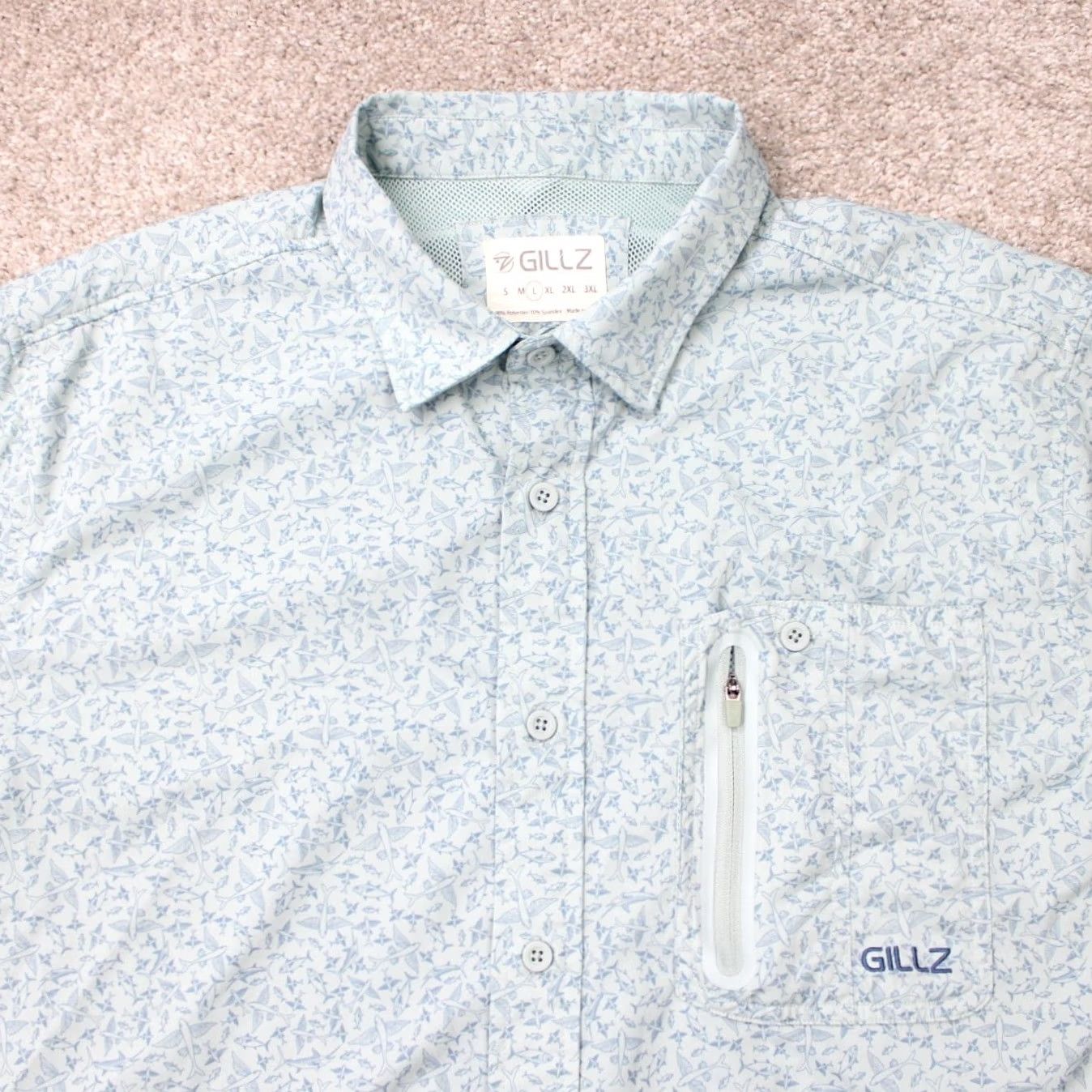 Vintage Gillz AOP Shirt Mens Large Blue Fish All Over Print Polyester Stretch L/S Button Up Shirt Size US L / EU 52-54 / 3 - 6 Thumbnail