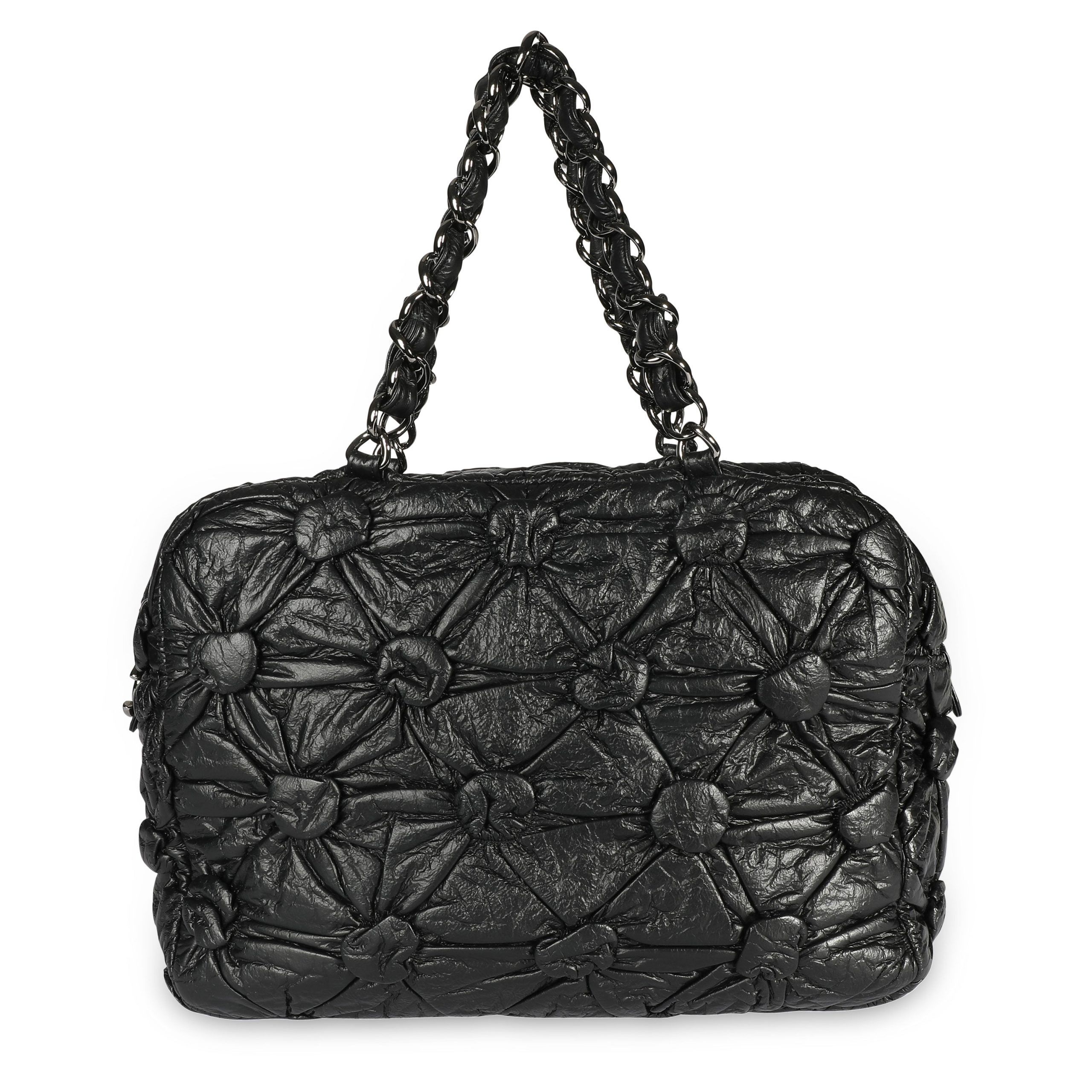 image of Chanel Black Draped Lambskin Lemarie Bowler Bag, Women's