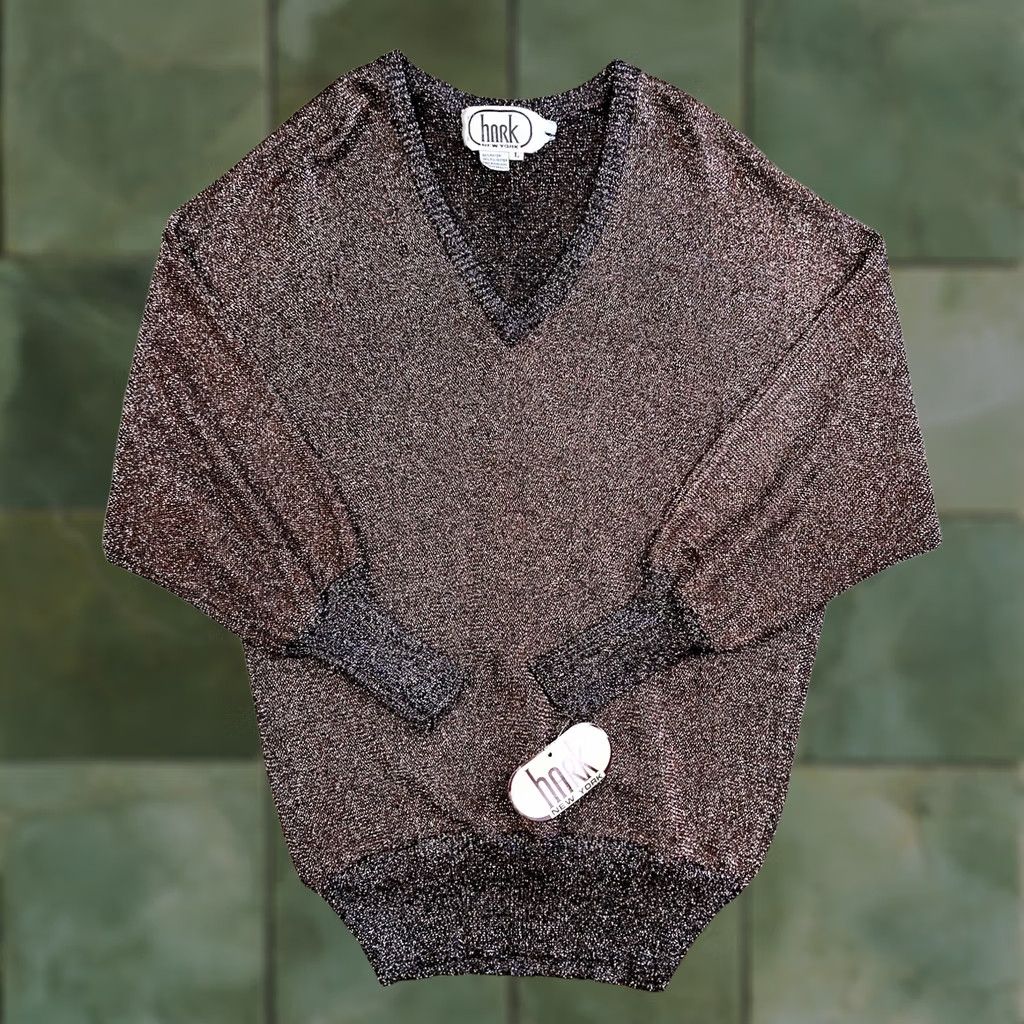 Vintage VINTAGE Hark New York Blouse Mens? Womens? Brown Metallic Sheer Knit Long Sleeve V-Neck L Size L / US 10 / IT 46 - 1 Thumbnail