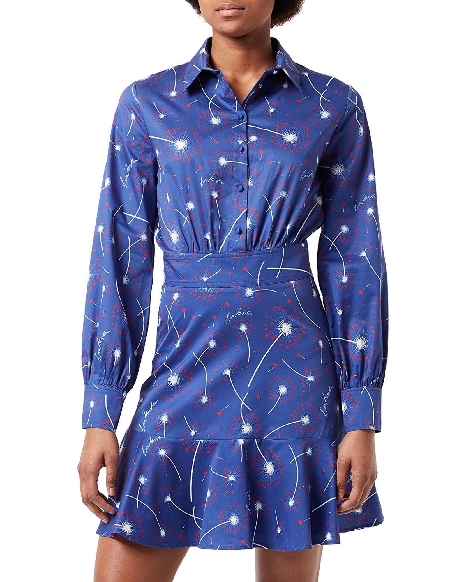 Image of Moschino Abstract Print Cotton Dress With Button Closure And Shirt Collar in Blue, Women's (Size Sm