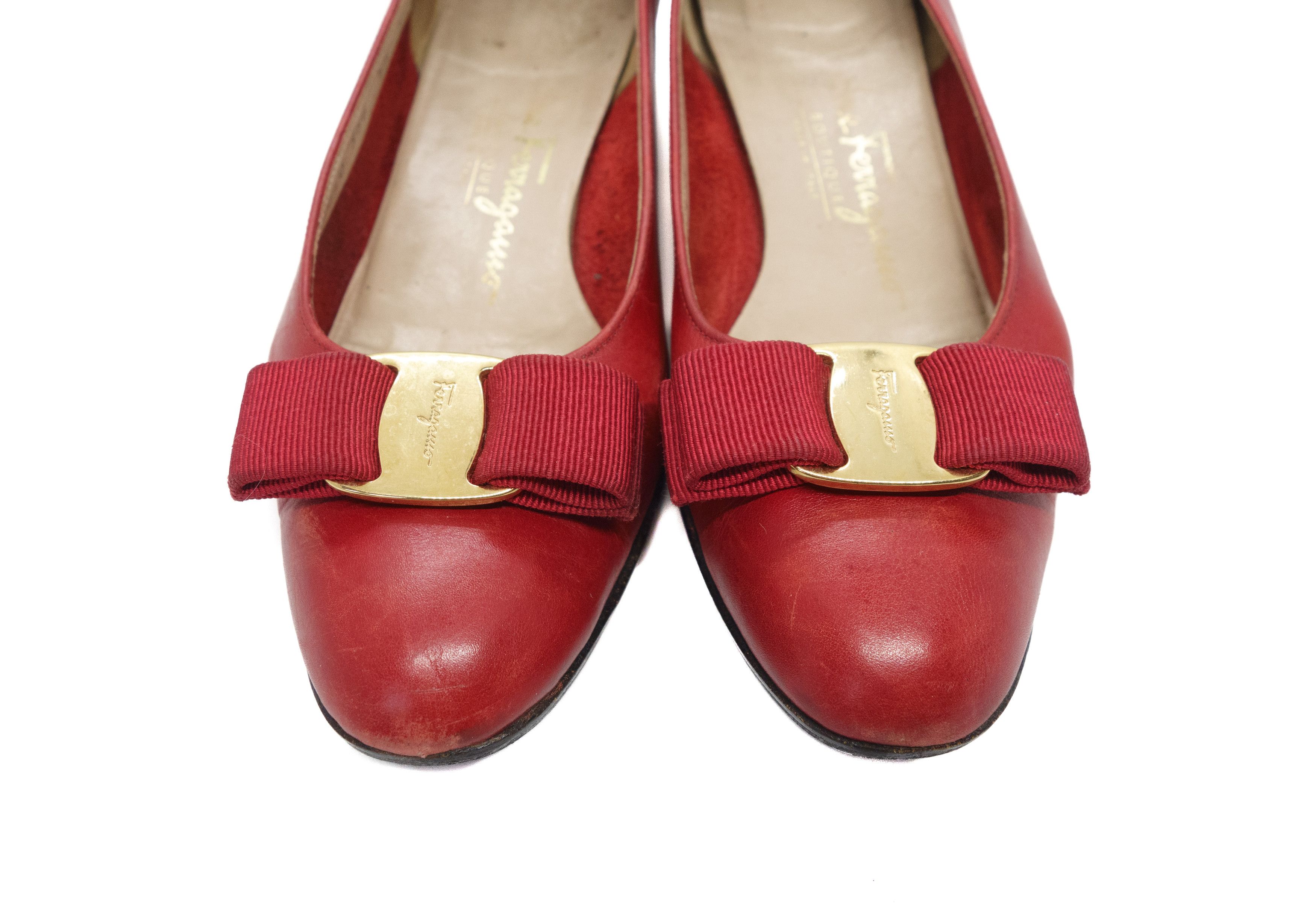 Salvatore Ferragamo 90s Vara Leather Bow Pumps Low Block Heel Vintage Size US 5.5 / IT 35.5 - 5 Thumbnail